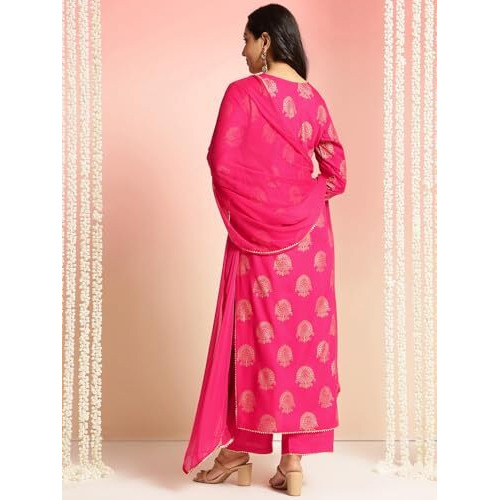 ANNI DESIGNER Women's Rayon Blend Printed Straight Kurta with Pant & Dupatta (Jubal Pink_M_Pink_Medium)