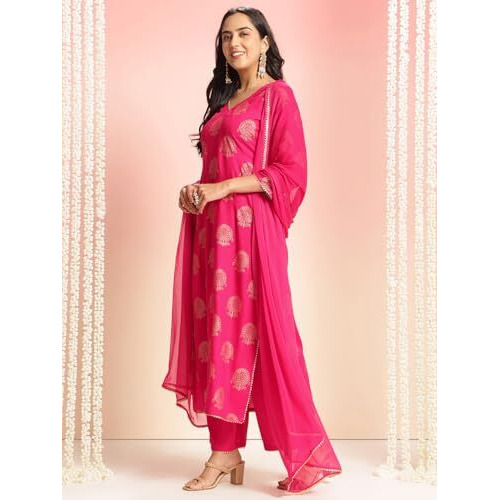 ANNI DESIGNER Women's Rayon Blend Printed Straight Kurta with Pant & Dupatta (Jubal Pink_M_Pink_Medium)
