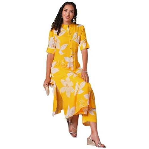 ANNI DESIGNER Women's Rayon Viscose Straight Printed Kurta with Pant (Sunoni Yellow-VKS04_L_Yellow_Large)