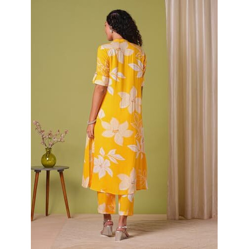 ANNI DESIGNER Women's Rayon Viscose Straight Printed Kurta with Pant (Sunoni Yellow-VKS04_L_Yellow_Large)