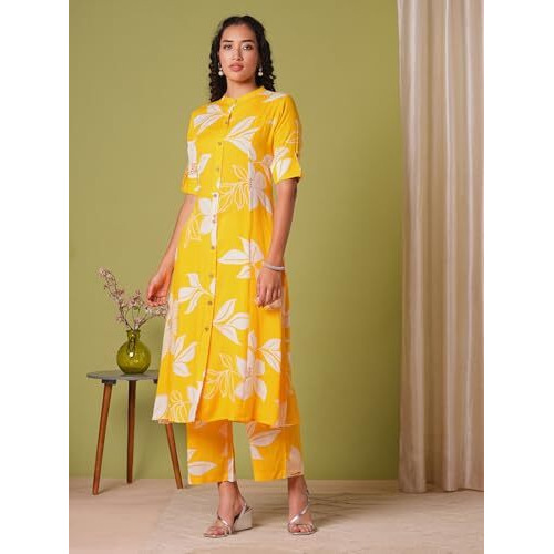 ANNI DESIGNER Women's Rayon Viscose Straight Printed Kurta with Pant (Sunoni Yellow-VKS04_L_Yellow_Large)