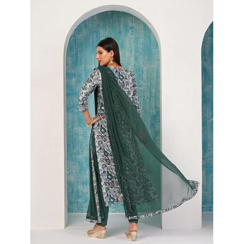 ANNI DESIGNER Women's Cotton Blend Straight Printed Kurta with Pant & Dupatta (Ramna Blue_S_Blue_Small)