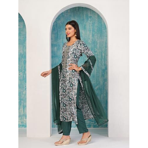 ANNI DESIGNER Women's Cotton Blend Straight Printed Kurta with Pant & Dupatta (Ramna Blue_S_Blue_Small)