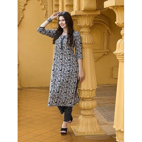 ANNI DESIGNER Women's Cotton Blend Straight Printed Kurta with Pant (Civil-Grey_M_Grey_Medium)