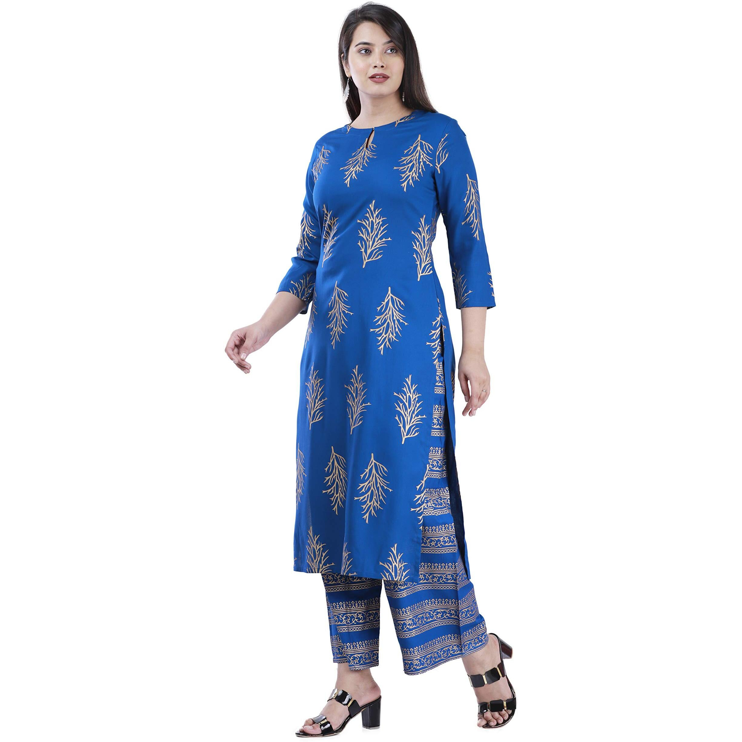 ANNI DESIGNER Women's Rayon Straight Kurta with palzoo Set Blue