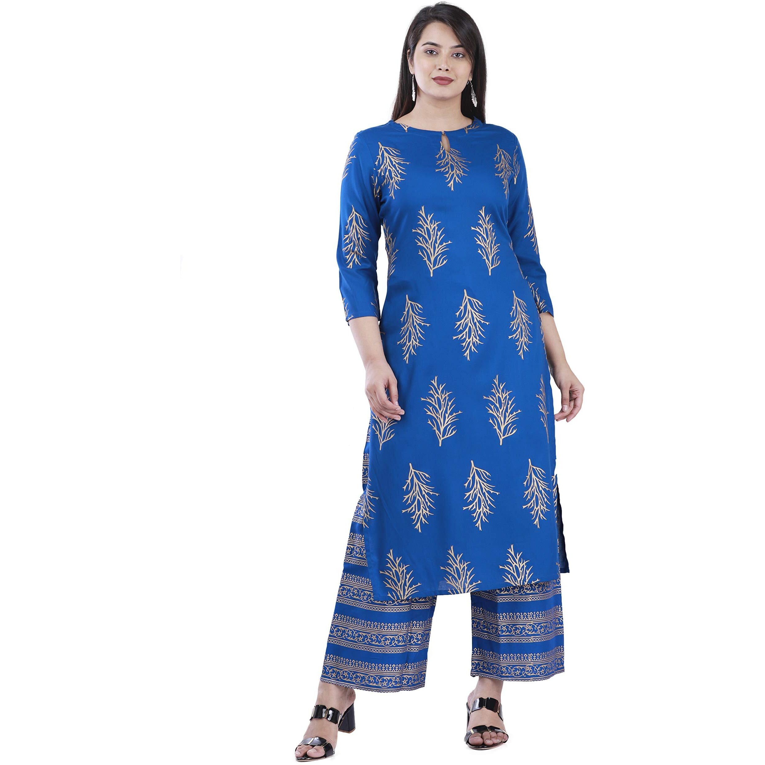 ANNI DESIGNER Women's Rayon Straight Kurta with palzoo Set Blue