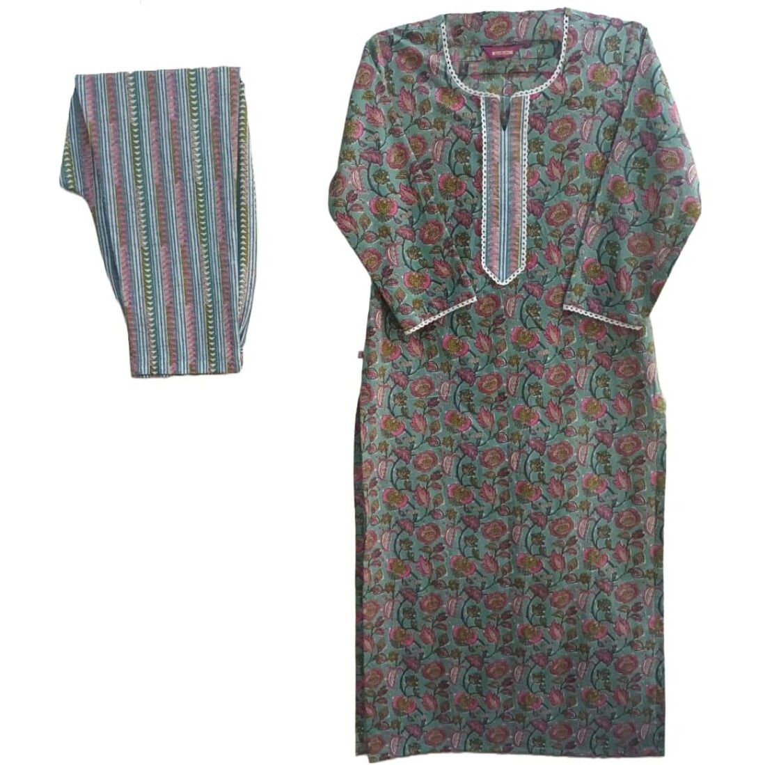 ANNI DESIGNER Women's Cotton Blend Printed Straight Kurta with Pant (Dawai Green-Nw_L_Green_Large)