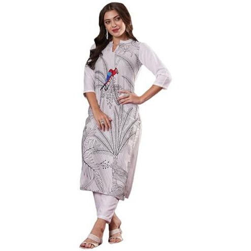 ANNI DESIGNER Women's Cotton Blend Straight Printed Kurta with Pant (Nabhita White-VKS07_S_White_Small)