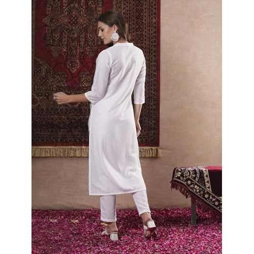 ANNI DESIGNER Women's Cotton Blend Straight Printed Kurta with Pant (Nabhita White-VKS07_S_White_Small)