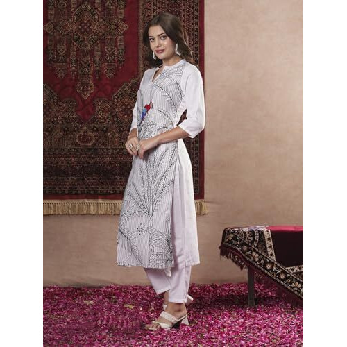 ANNI DESIGNER Women's Cotton Blend Straight Printed Kurta with Pant (Nabhita White-VKS07_S_White_Small)