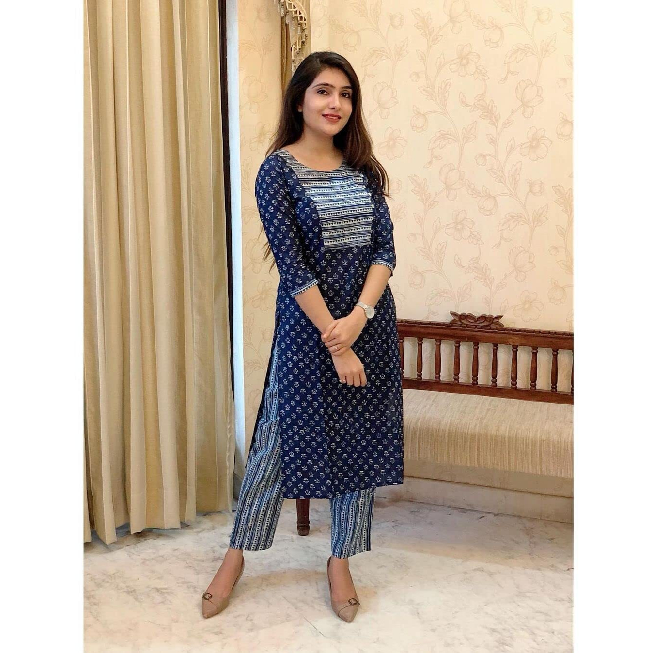 ANNI DESIGNER Women's Cotton Blend Straight Printed Kurta with Pant (Kuhoo Blue-GNw_S_Teal Blue_Small)