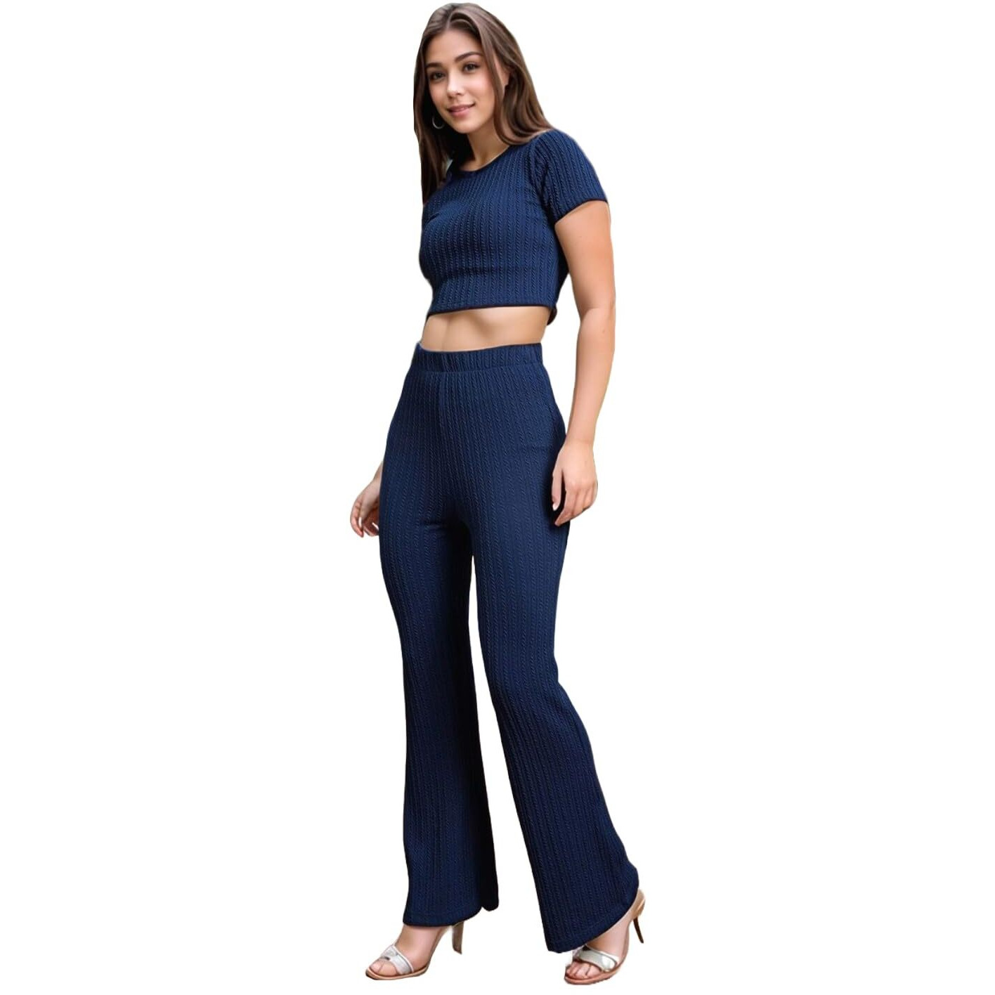 ANNI DESIGNER Women's Rayon Viscose Solid Top & Flared Trousers Set (SUMAIRA Blue_XXL_Blue_XX-Large)