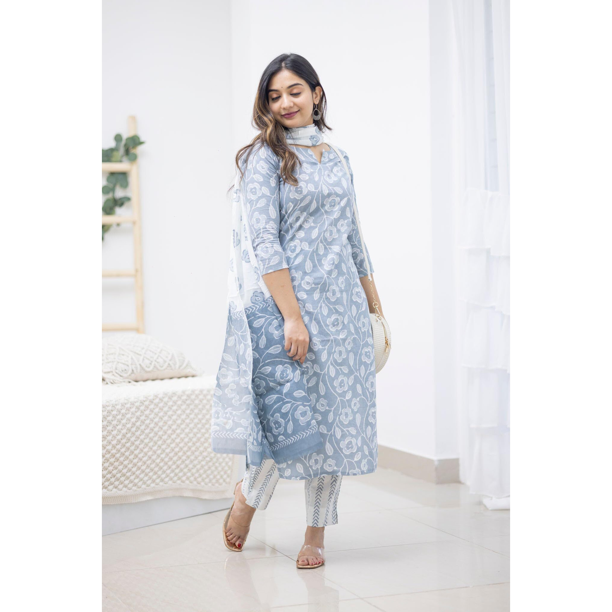 ANNI DESIGNER Women's Rayon Viscose Straight Printed Kurta with Pant & Dupatta (Dacoit Grey_XL_Grey_X-Large)
