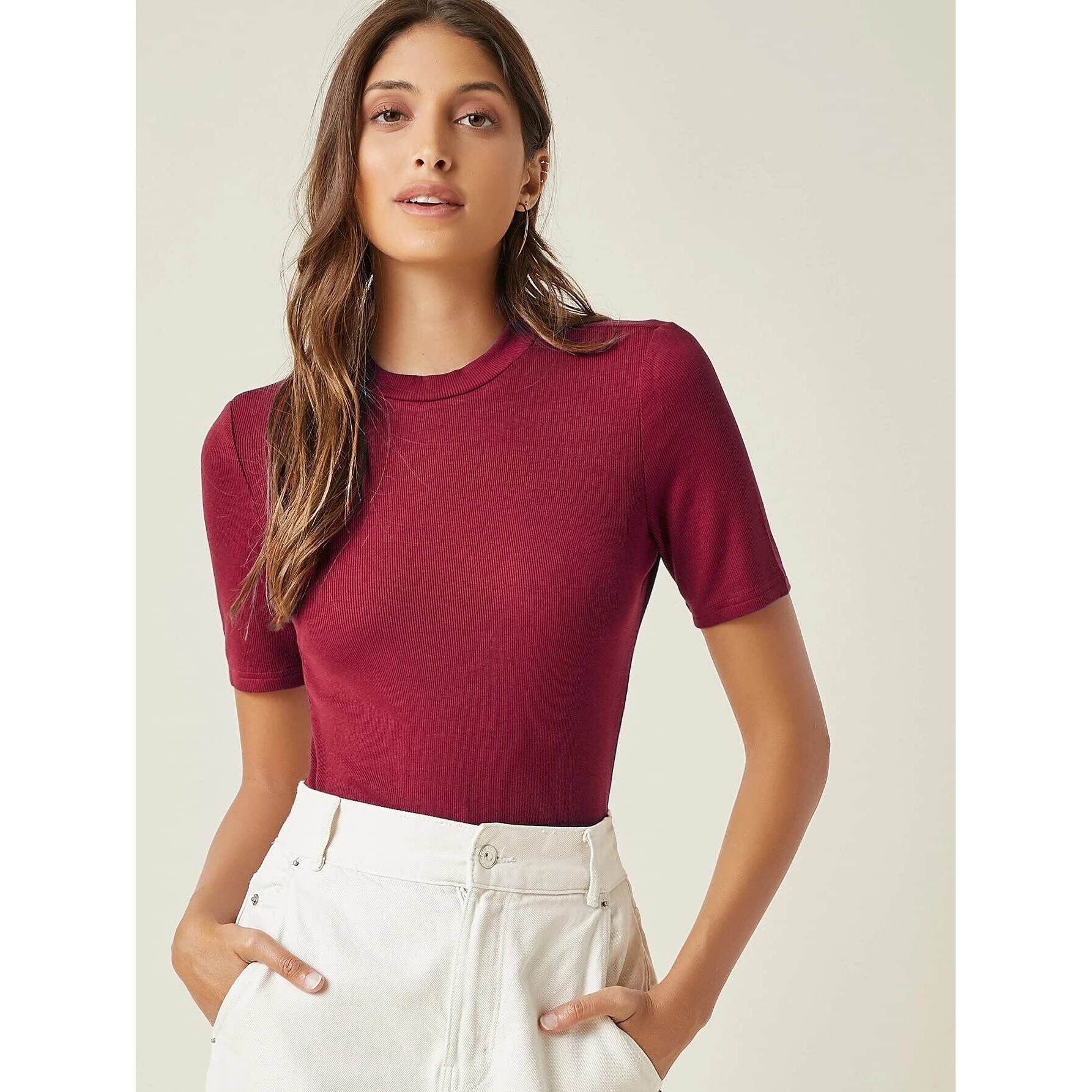 ANNI DESIGNER Women's Cotton Belnd Lycra Ribbed Solid Half Sleeve Round Neck Top (NTPR-Magenta-Nw_XL_Magenta_X-Large)