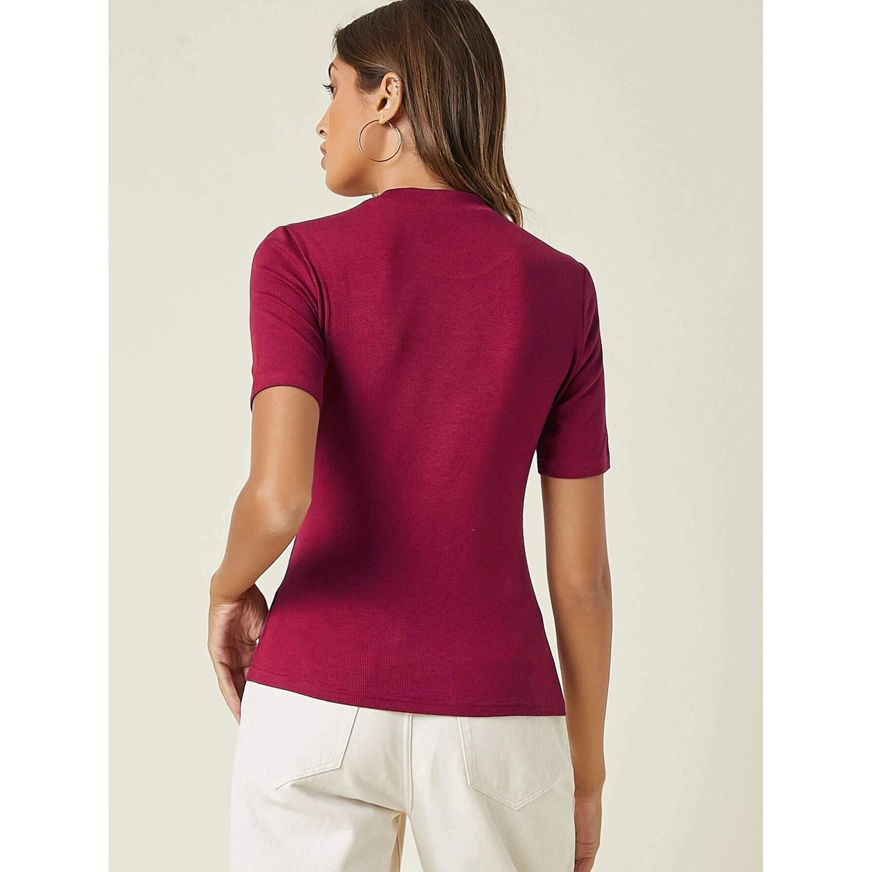 ANNI DESIGNER Women's Cotton Belnd Lycra Ribbed Solid Half Sleeve Round Neck Top (NTPR-Magenta-Nw_XL_Magenta_X-Large)