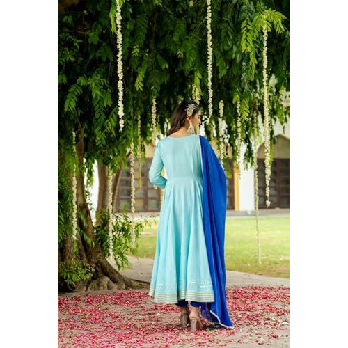 ANNI DESIGNER Women's Rayon Viscose Solid Anarkali Kurta with Pant & Dupatta (KUSPARI Blue-VKS01_S_Blue_Small)