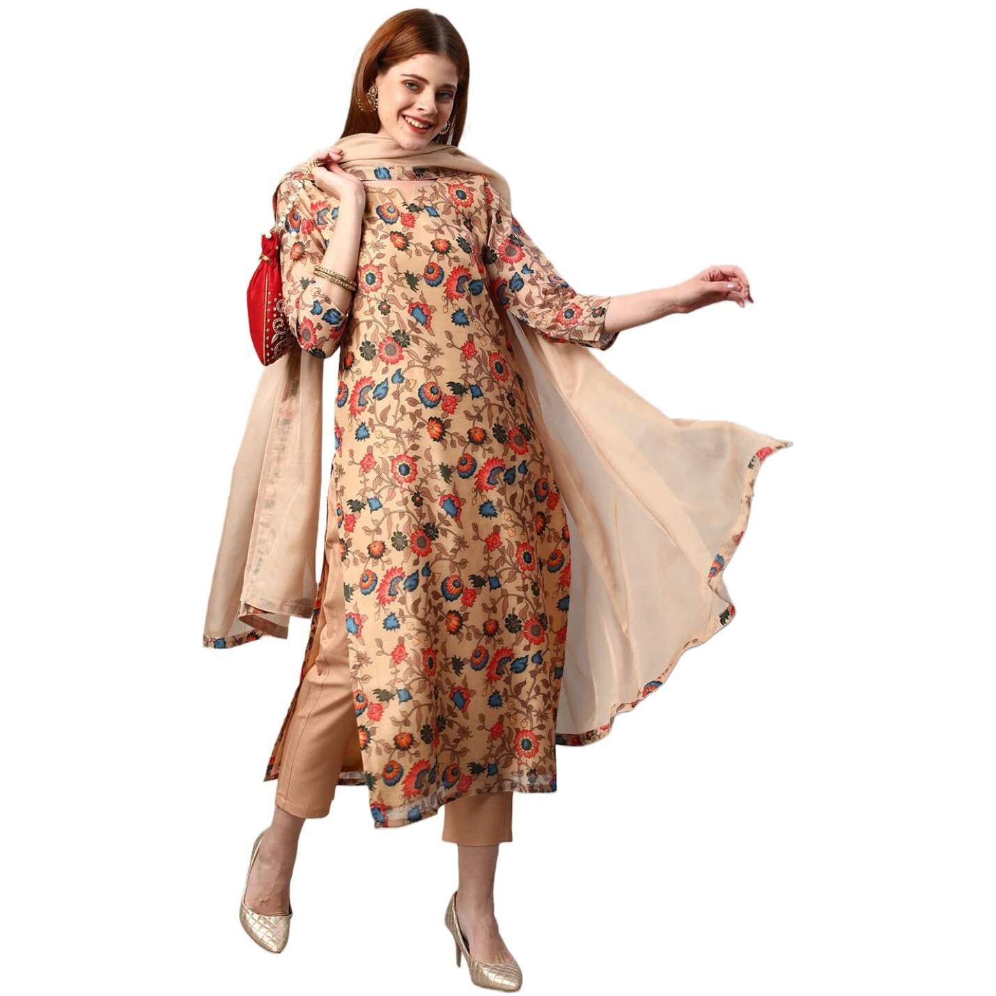 ANNI DESIGNER Women's Cotton Blend Floral Printed Straight Kurta with Pants & Dupatta (MADHUBANI-Beige_XL_Beige_X-Large)