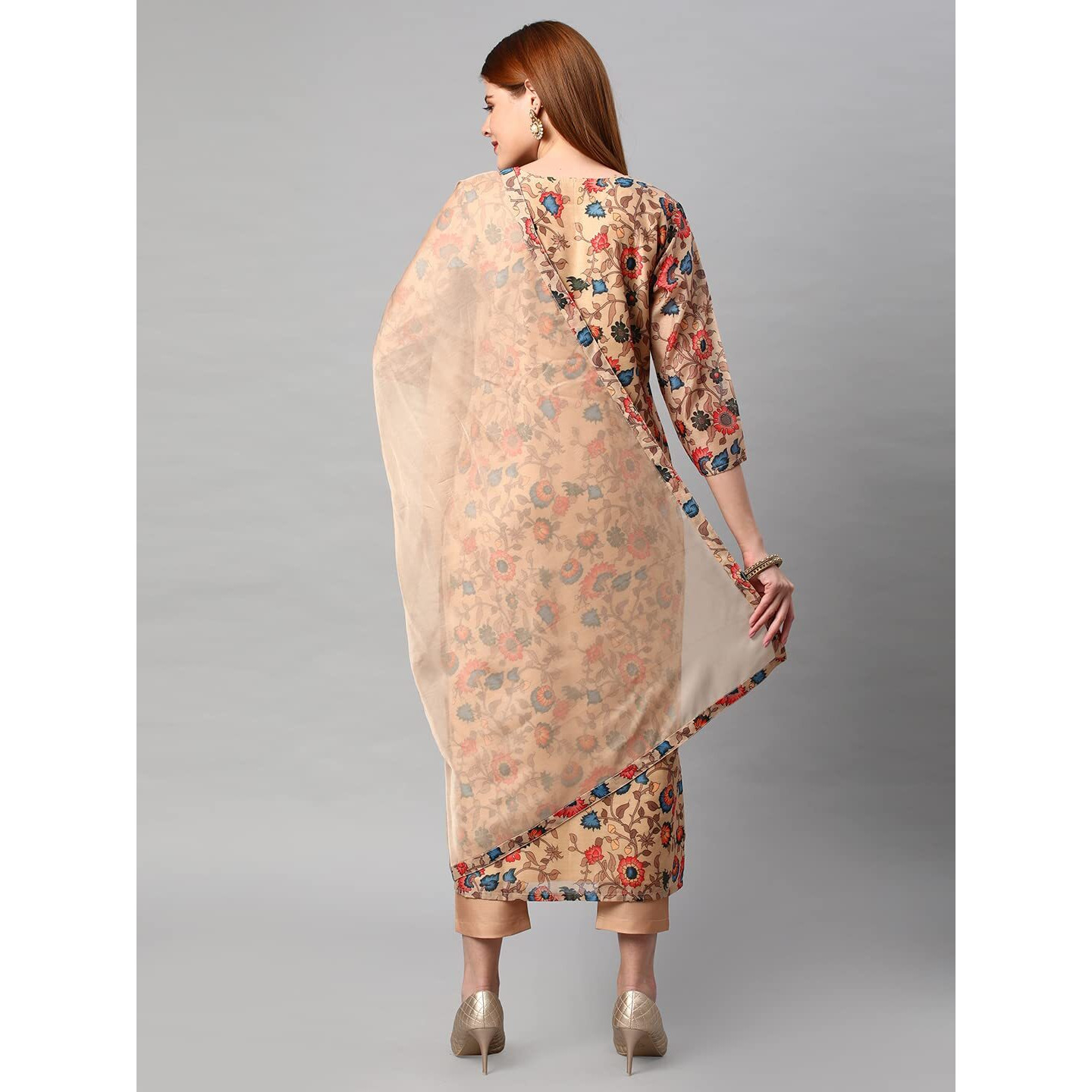 ANNI DESIGNER Women's Cotton Blend Floral Printed Straight Kurta with Pants & Dupatta (MADHUBANI-Beige_XL_Beige_X-Large)