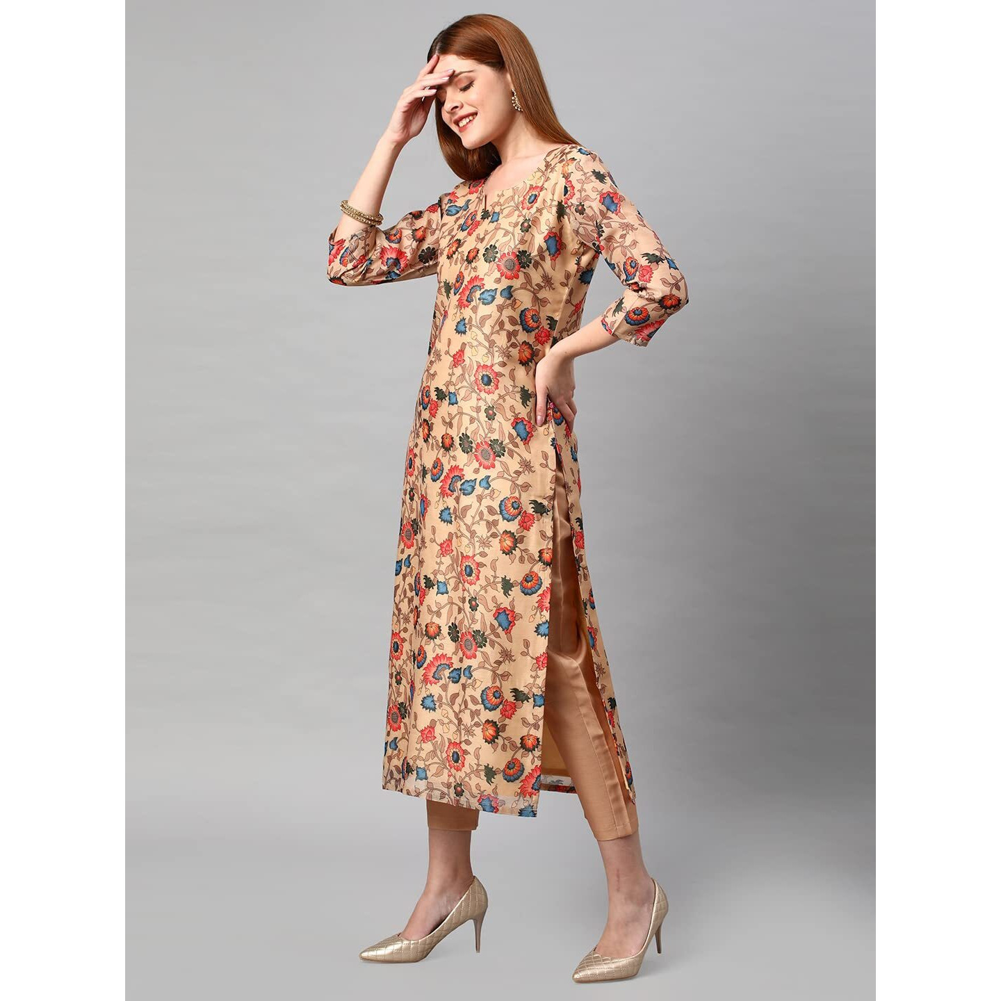 ANNI DESIGNER Women's Cotton Blend Floral Printed Straight Kurta with Pants & Dupatta (MADHUBANI-Beige_XL_Beige_X-Large)