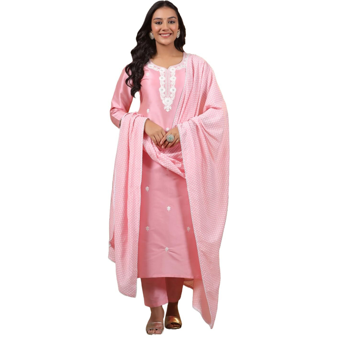 ANNI DESIGNER Women's Cotton Blend Straight Embroidered Kurta with Pant & Dupatta (YEAREND Pink-NW_XL_Pink_X-Large)