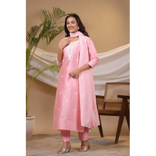 ANNI DESIGNER Women's Cotton Blend Straight Embroidered Kurta with Pant & Dupatta (YEAREND Pink-NW_XL_Pink_X-Large)