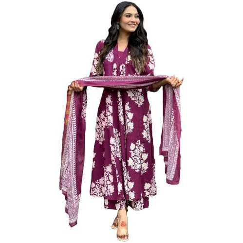ANNI DESIGNER Women's Rayon Blend Anarkali Printed Kurta with Pant & Dupatta (Jasiwal Wine-VKS01_5XL_Wine_XXXXX-Large)
