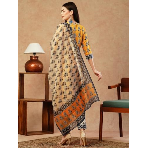 ANNI DESIGNER Women's Cotton Blend Straight Printed Kurta with Pant & Dupatta (Uchiha Mustard-FKA_XXL_Mustard_XX-Large)