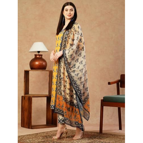 ANNI DESIGNER Women's Cotton Blend Straight Printed Kurta with Pant & Dupatta (Uchiha Mustard-FKA_XXL_Mustard_XX-Large)