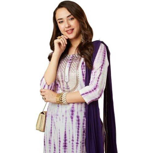 ANNI DESIGNER Women's Rayon Viscose Printed Straight Kurta with Pant & Dupatta (Tiedye BEGANI-VKS01_XXL_Violet_XX-Large)