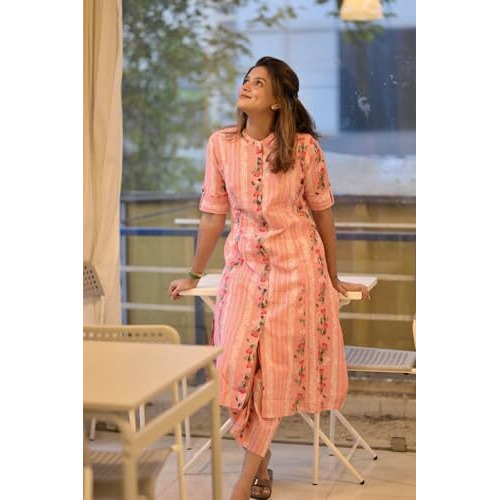 ANNI DESIGNER Women's Rayon Viscose A-Line Printed Kurta with Pant (PISASU Peach_M_Peach_Medium)