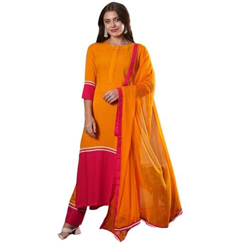 ANNI DESIGNER Women's Cotton Blend Straight Solid Kurta with Pant & Dupatta (PANAI Orange-VKS01_S_Orange_Small)