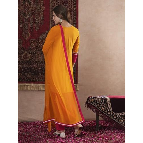 ANNI DESIGNER Women's Cotton Blend Straight Solid Kurta with Pant & Dupatta (PANAI Orange-VKS01_S_Orange_Small)
