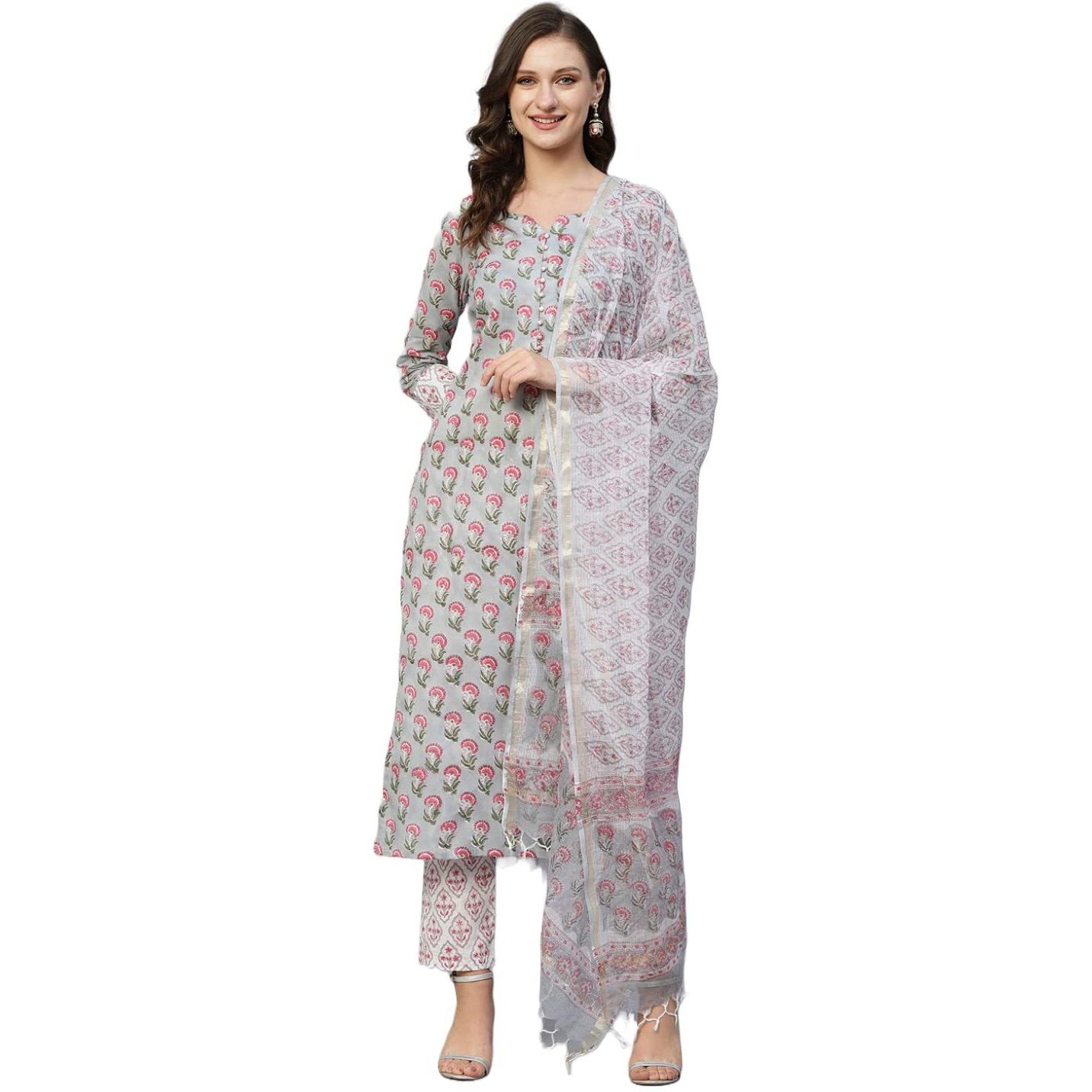 ANNI DESIGNER Women's Cotton Blend Straight Printed Kurta with Pant & Dupatta (Lord Grey-SNW_L_Grey_Large)