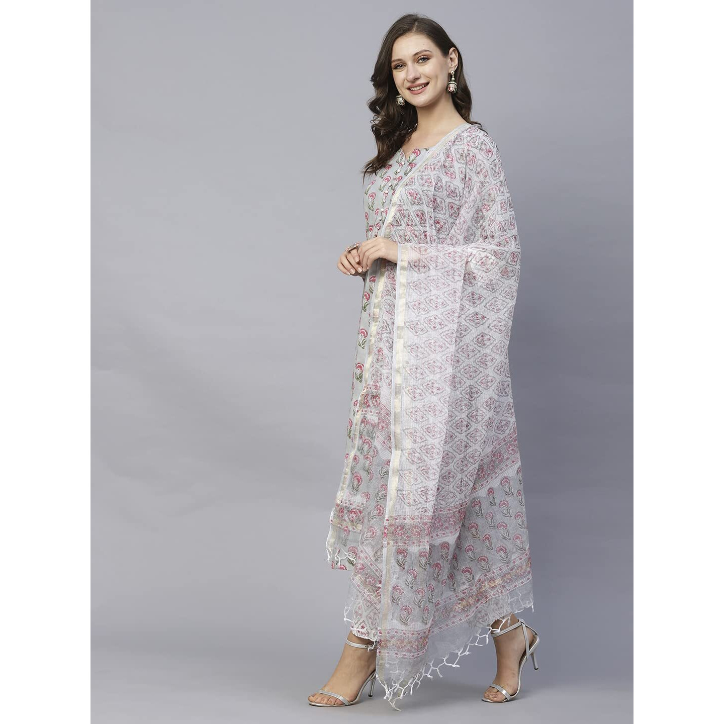 ANNI DESIGNER Women's Cotton Blend Straight Printed Kurta with Pant & Dupatta (Lord Grey-SNW_L_Grey_Large)