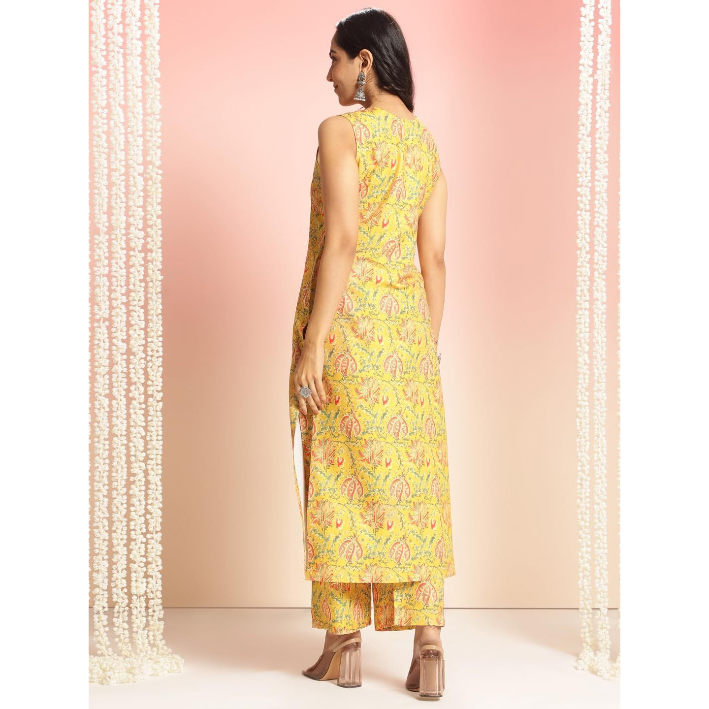ANNI DESIGNER Women's Rayon Viscose Floral Straight Kurta with Palazzo (CUBU VKS01_Yellow_X-Large)
