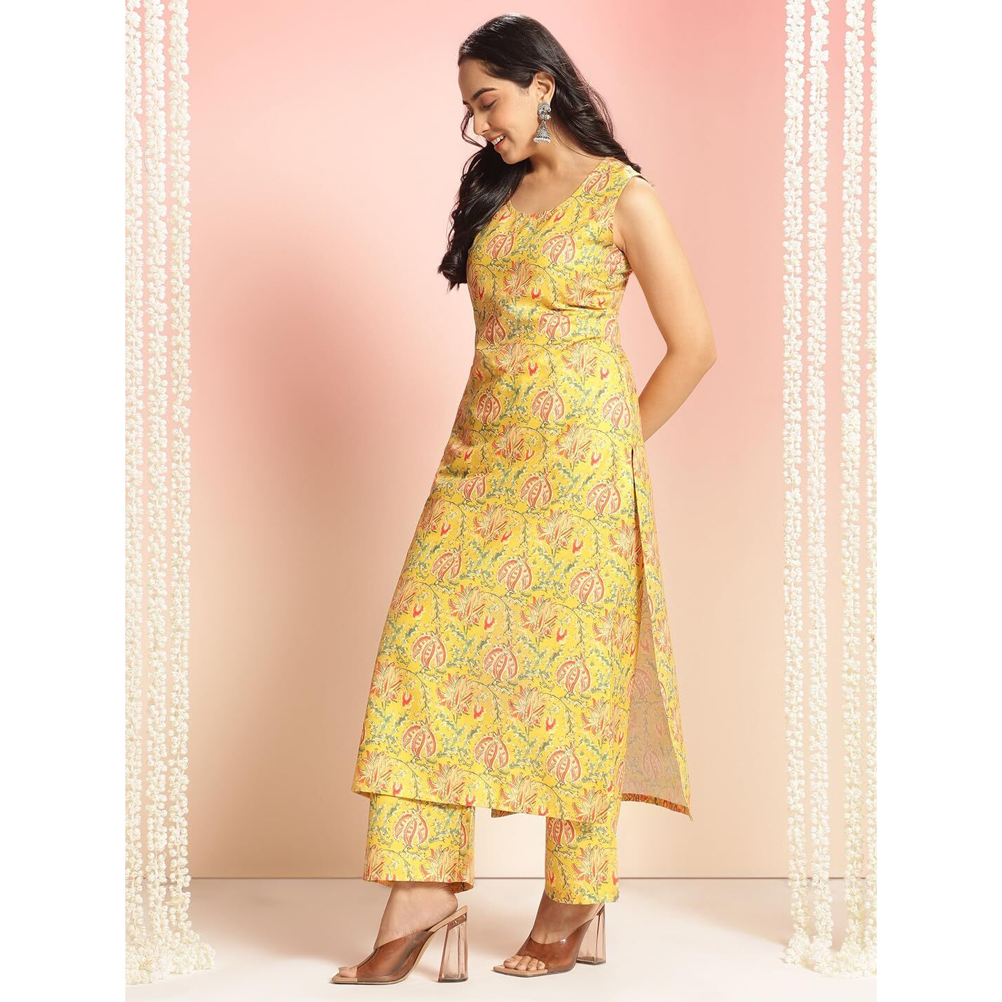 ANNI DESIGNER Women's Rayon Viscose Floral Straight Kurta with Palazzo (CUBU VKS01_Yellow_X-Large)