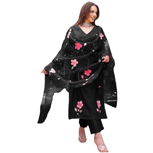 ANNI DESIGNER Women's Rayon Blend Printed Straight Kurta with Pant & Dupatta (ROKA BLACK-VKS01_S_Black_Small)