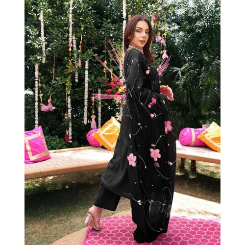 ANNI DESIGNER Women's Rayon Blend Printed Straight Kurta with Pant & Dupatta (ROKA BLACK-VKS01_S_Black_Small)