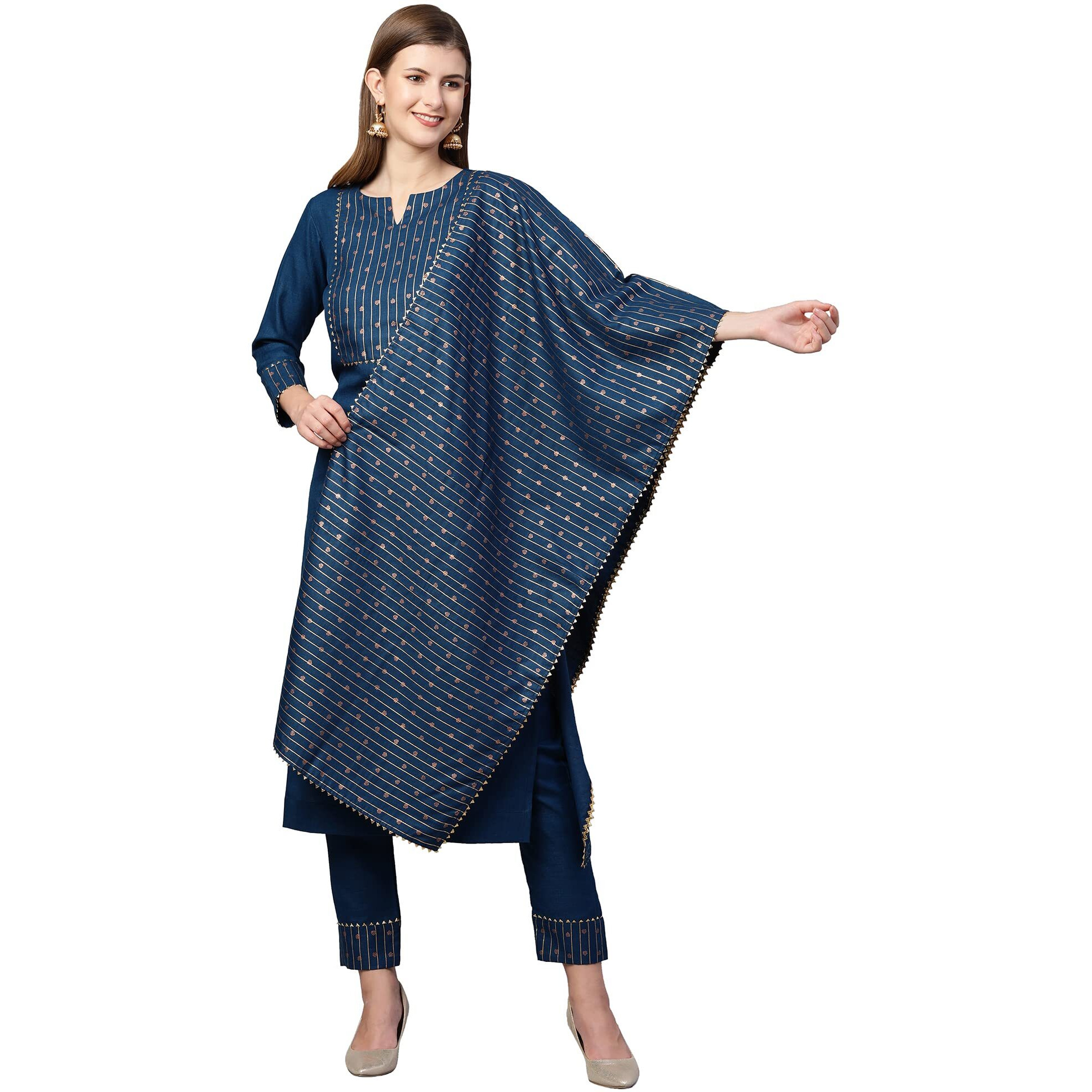 ANNI DESIGNER Women's Cotton Straight Kurta with Pant & Dupatta (KPTD-COT-10052-BLUE_L_Blue_Large)