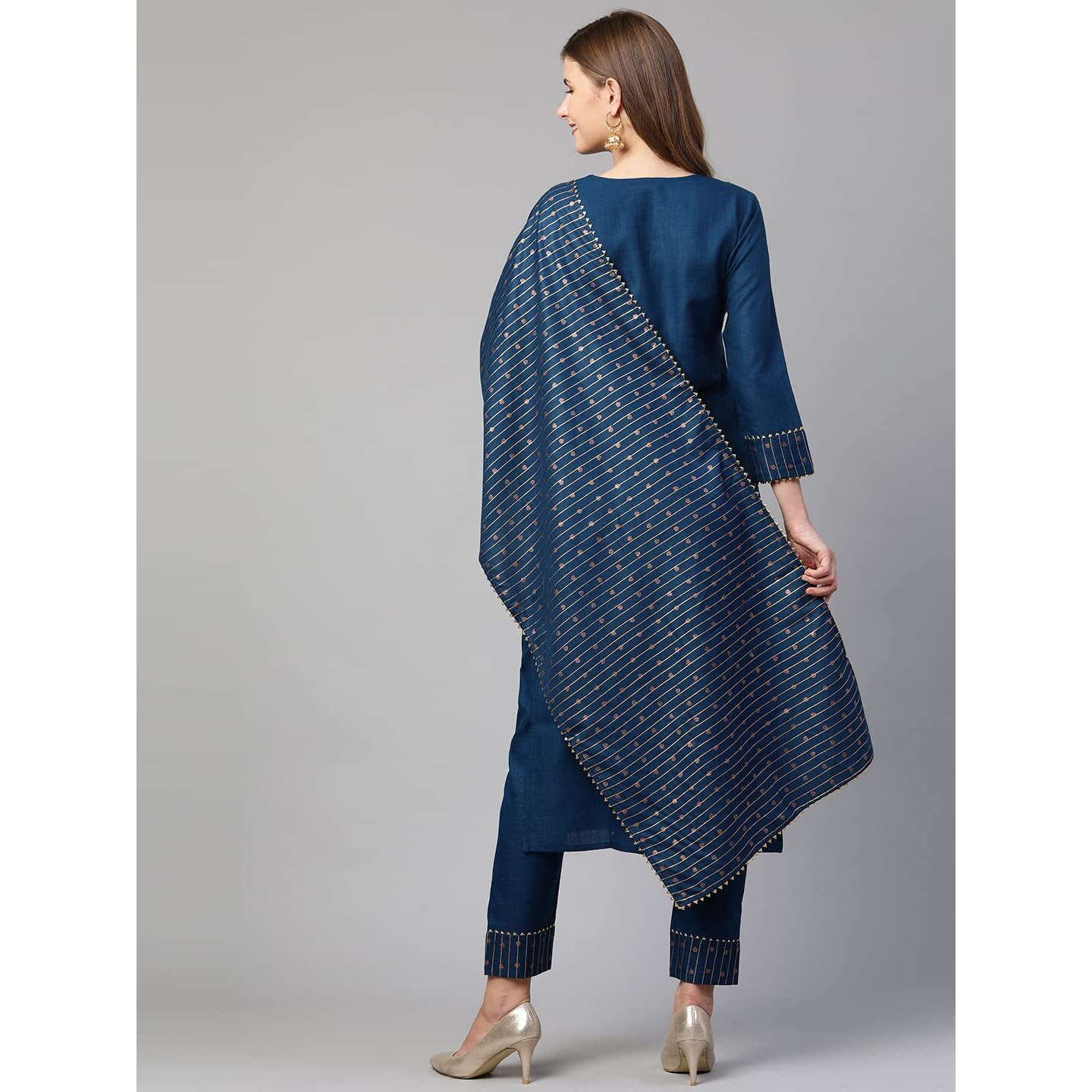 ANNI DESIGNER Women's Cotton Straight Kurta with Pant & Dupatta (KPTD-COT-10052-BLUE_L_Blue_Large)