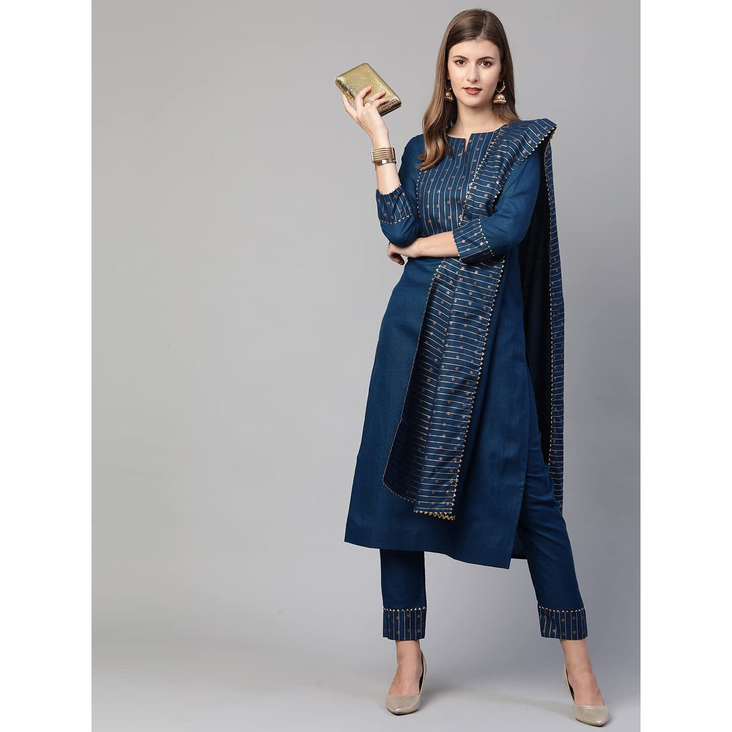 ANNI DESIGNER Women's Cotton Straight Kurta with Pant & Dupatta (KPTD-COT-10052-BLUE_L_Blue_Large)