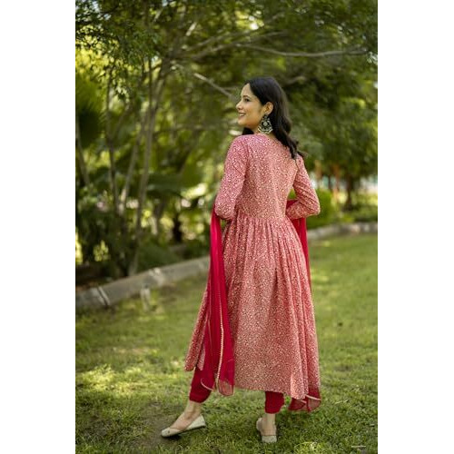 ANNI DESIGNER Women's Rayon Blend Printed Straight Kurta with Pant & Dupatta (MANCHALI-Rani_S_Pink_Small)
