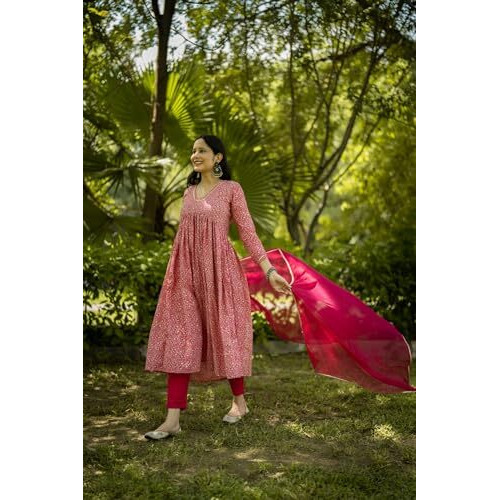 ANNI DESIGNER Women's Rayon Blend Printed Straight Kurta with Pant & Dupatta (MANCHALI-Rani_S_Pink_Small)