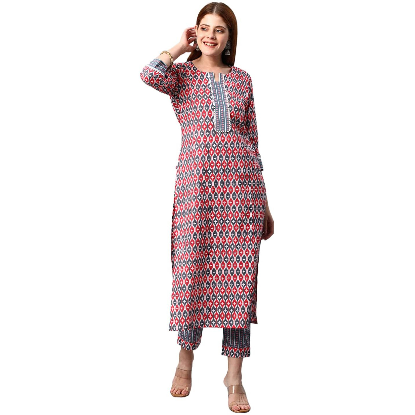 ANNI DESIGNER Women's Cotton Blend Printed Straight Kurta with Pant (Sarva-Peacock Blue_S_Dark Blue_Small)