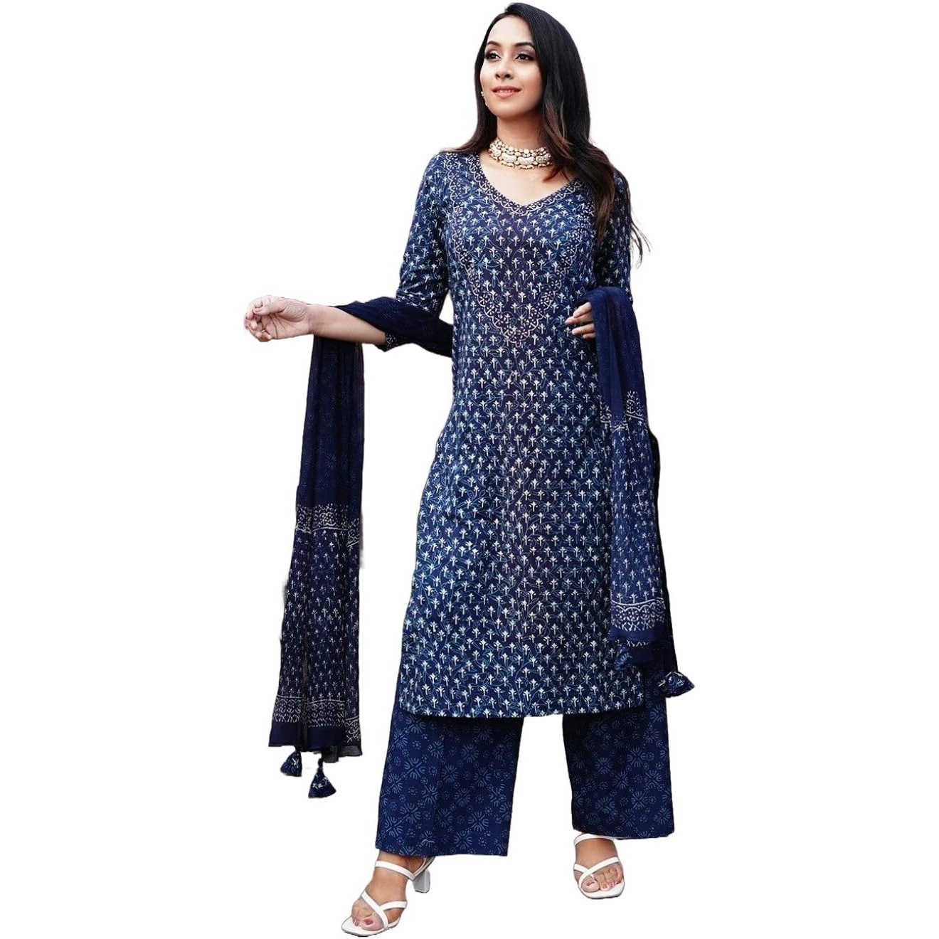 ANNI DESIGNER Women's Cotton Blend Straight Printed Kurta with Pant & Dupatta (BC Blue-NW_M_Blue_Medium)