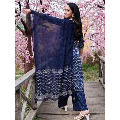 ANNI DESIGNER Women's Cotton Blend Straight Printed Kurta with Pant & Dupatta (BC Blue-NW_M_Blue_Medium)