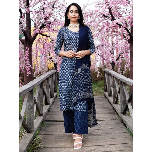 ANNI DESIGNER Women's Cotton Blend Straight Printed Kurta with Pant & Dupatta (BC Blue-NW_M_Blue_Medium)