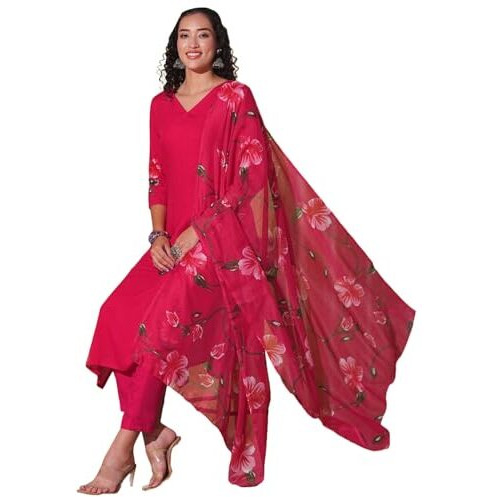 ANNI DESIGNER Women's Rayon Blend Straight Printed Kurta with Pant & Dupatta (ROKA RANI-VKS01_4XL_Pink_XXXX-Large)