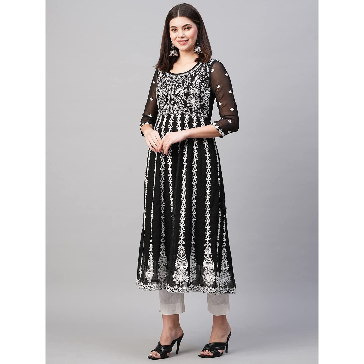 ANNI DESIGNER Women's Georgette Chikankari Embroidered Anarkali Kurti (Naav Black-Nw2_XL_Black_X-Large)