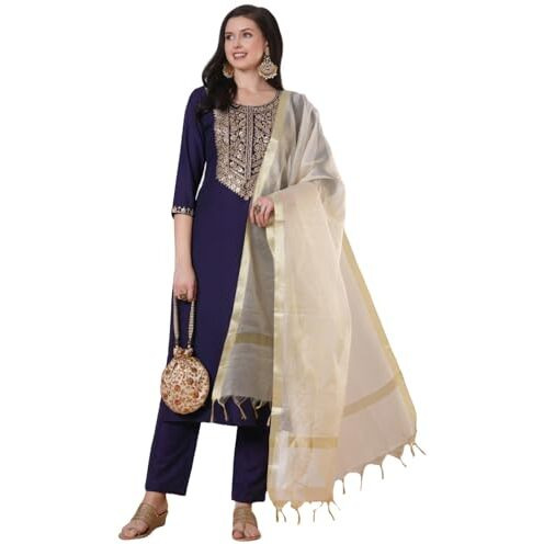 ANNI DESIGNER Women's Rayon Viscose Embroidered Straight Kurta with Pant & Dupatta (Tudari Blue_XXL_Blue_XX-Large)